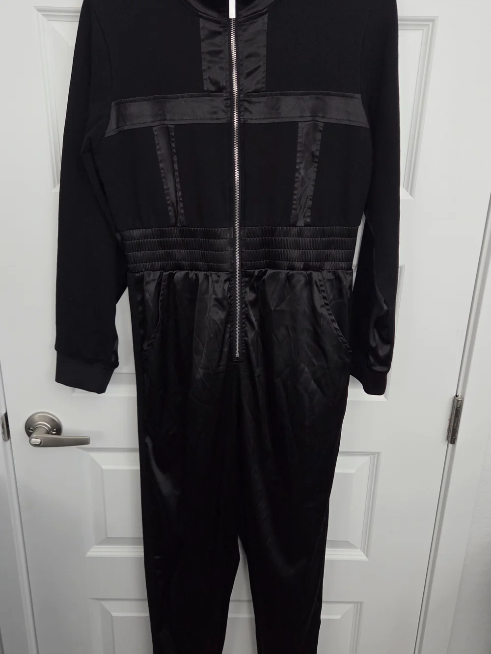AKIRA Black Zip-Front Satin-Trim Jumpsuit